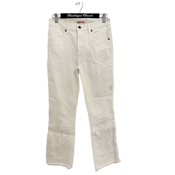 Johnny Was Pashmina White Eyelet Crop Baby Boot High Rise Hippie Jeans Sz 26 - Picture 4 of 11